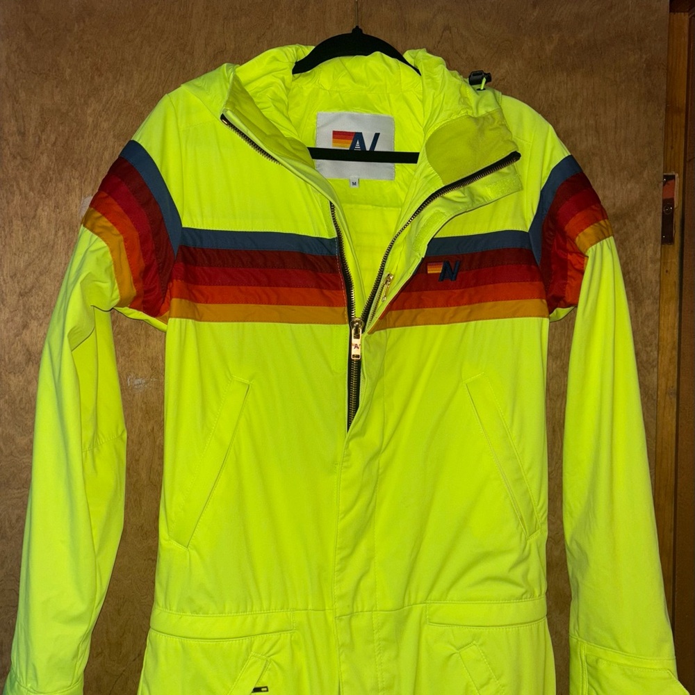 Aviator Nation Neon Powder Suit Yellow Ski Jacket with Rainbow Stripes